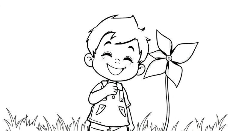 Placa de color para niños: un niño feliz soplando un molinillo de viento.