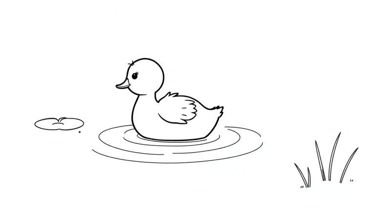 Una placa de color de un patito adorable nadando en un estanque tranquilo con un nenúfar.