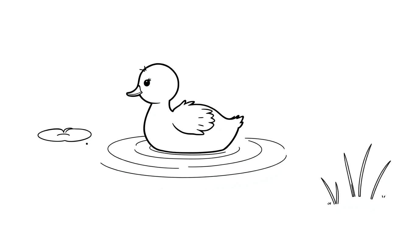 Una placa de color de un patito adorable nadando en un estanque tranquilo con un nenúfar.
