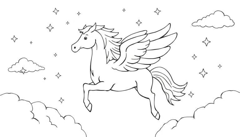 Placa de color de un lindo Pegaso volando entre nubes y estrellas.