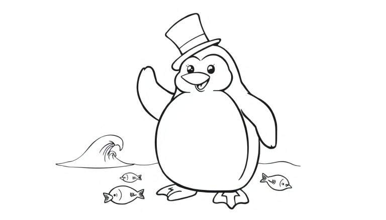 Una placa de color con un dibujo lineal de un pingüino feliz con sombrero de copa saludando.