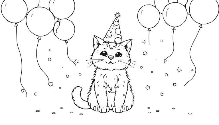 Una placa de color para colorear de un gato sonriente con gorro de fiesta, globos y confeti.