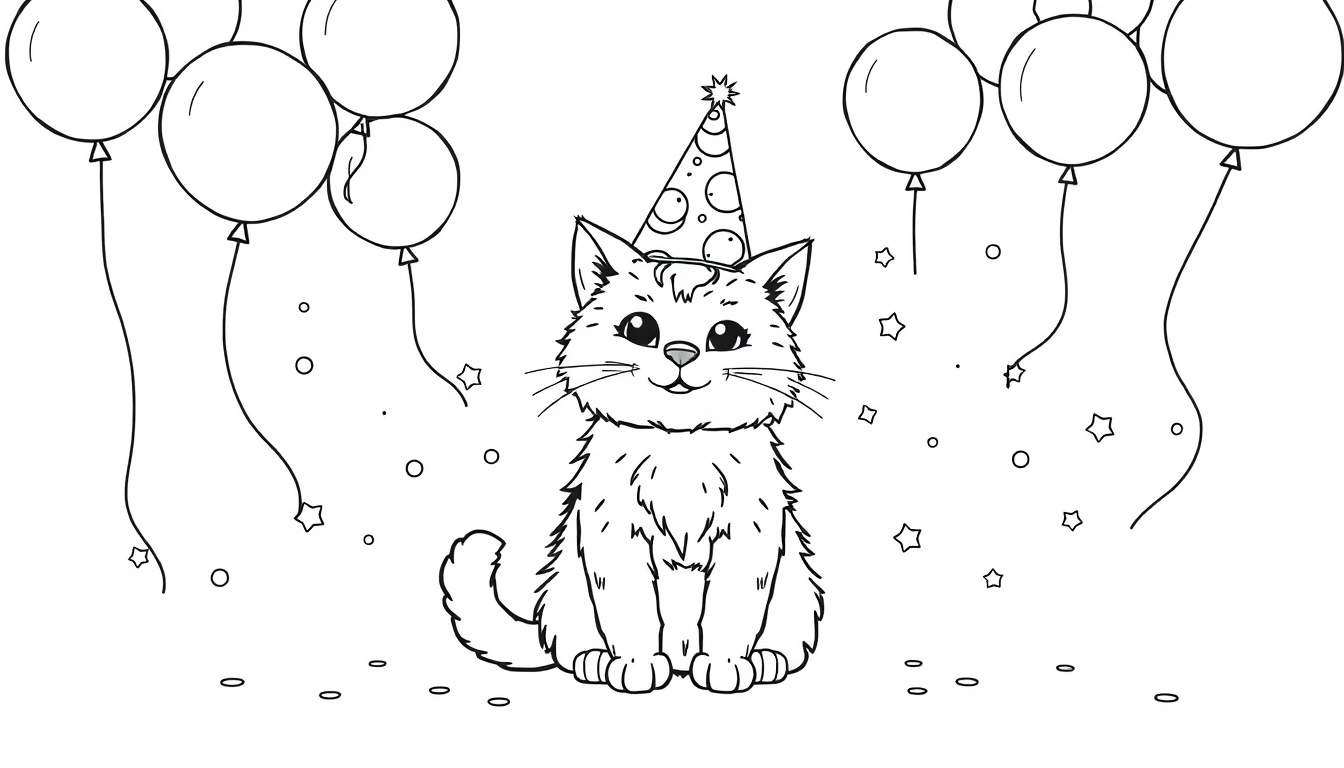 Una placa de color para colorear de un gato sonriente con gorro de fiesta, globos y confeti.