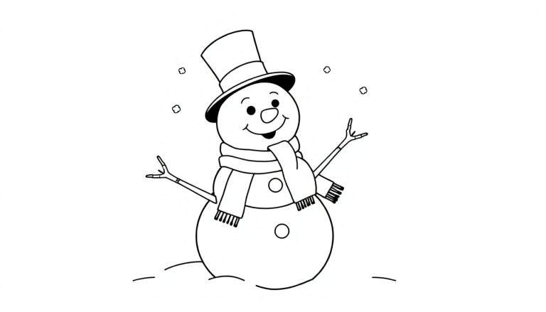Una placa de color para colorear de un muñeco de nieve sonriente con sombrero de copa y bufanda.