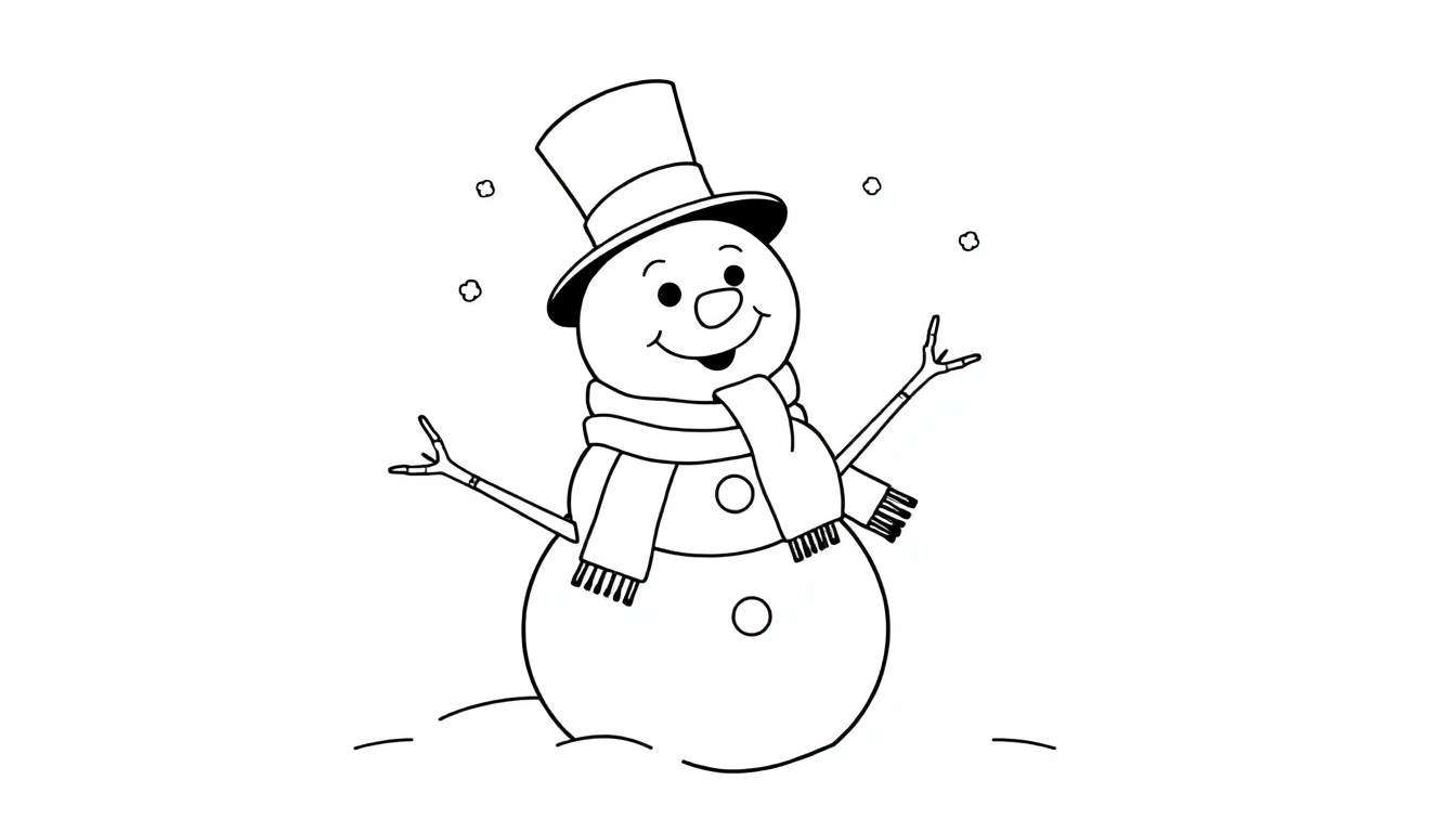 Una placa de color para colorear de un muñeco de nieve sonriente con sombrero de copa y bufanda.