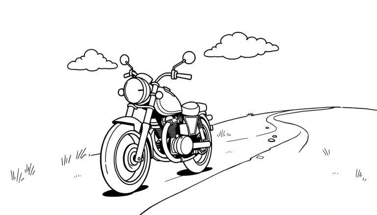 Placa de colorear de una motocicleta clásica en una carretera sinuosa con nubes de dibujos animados.