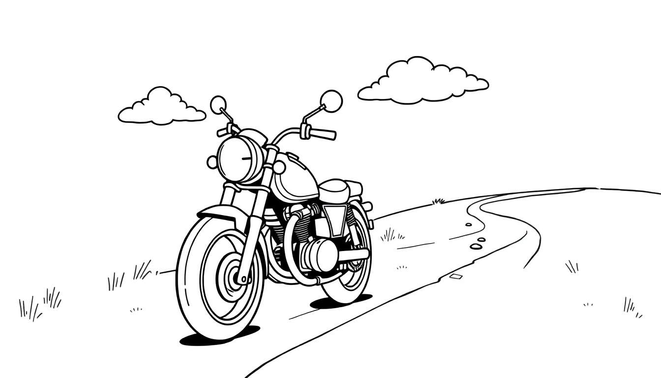 Placa de colorear de una motocicleta clásica en una carretera sinuosa con nubes de dibujos animados.