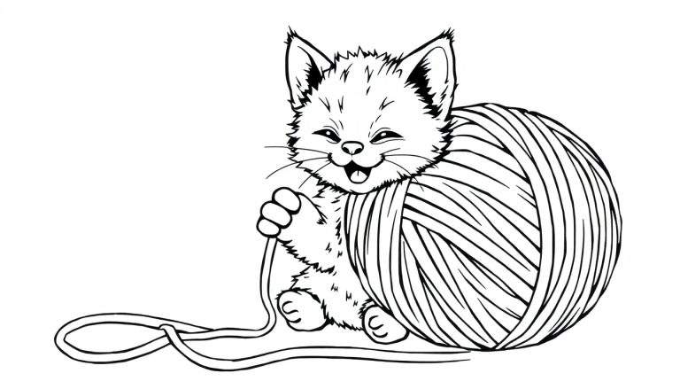 Un dibujo en blanco y negro de un gatito juguetón con un ovillo de lana, una placa para colorear.