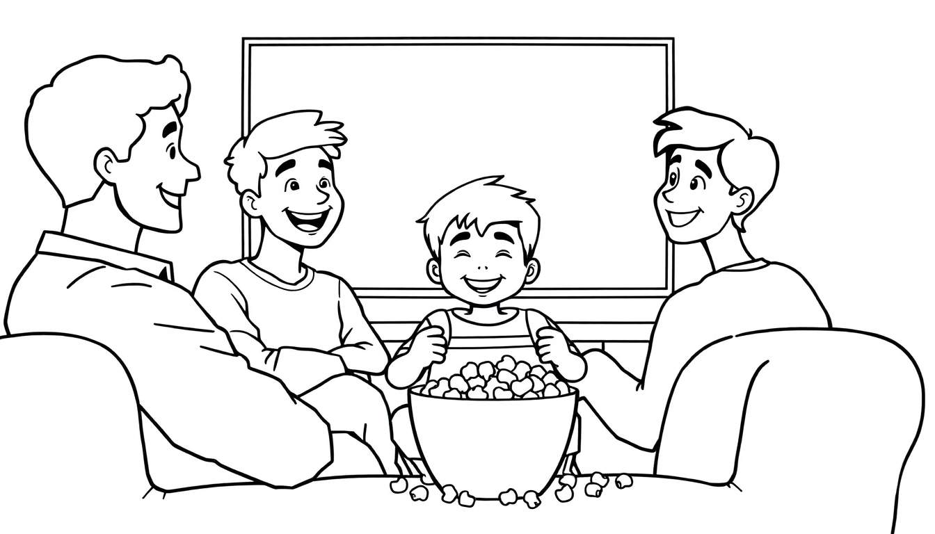 Placa de color de una familia feliz viendo la tele con palomitas.