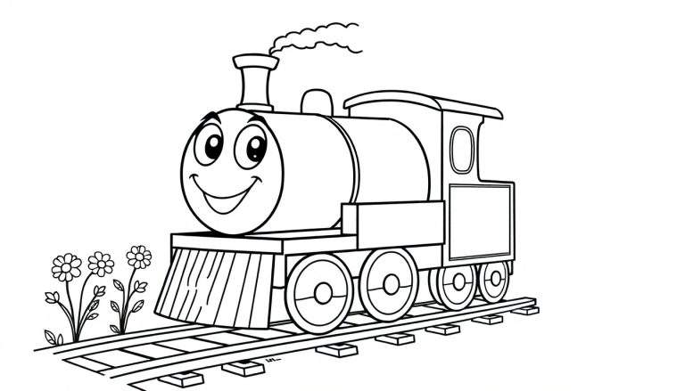 Tren de vapor de dibujos animados para colorear con cara amigable y humo saliendo de la chimenea, sobre vías de tren con flores en primer plano. Estilo libro para colorear.