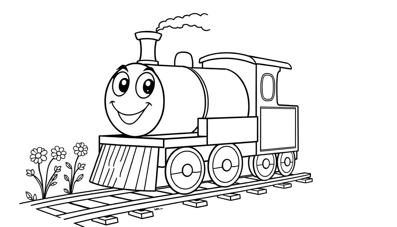 Tren de vapor de dibujos animados para colorear con cara amigable y humo saliendo de la chimenea, sobre vías de tren con flores en primer plano. Estilo libro para colorear.