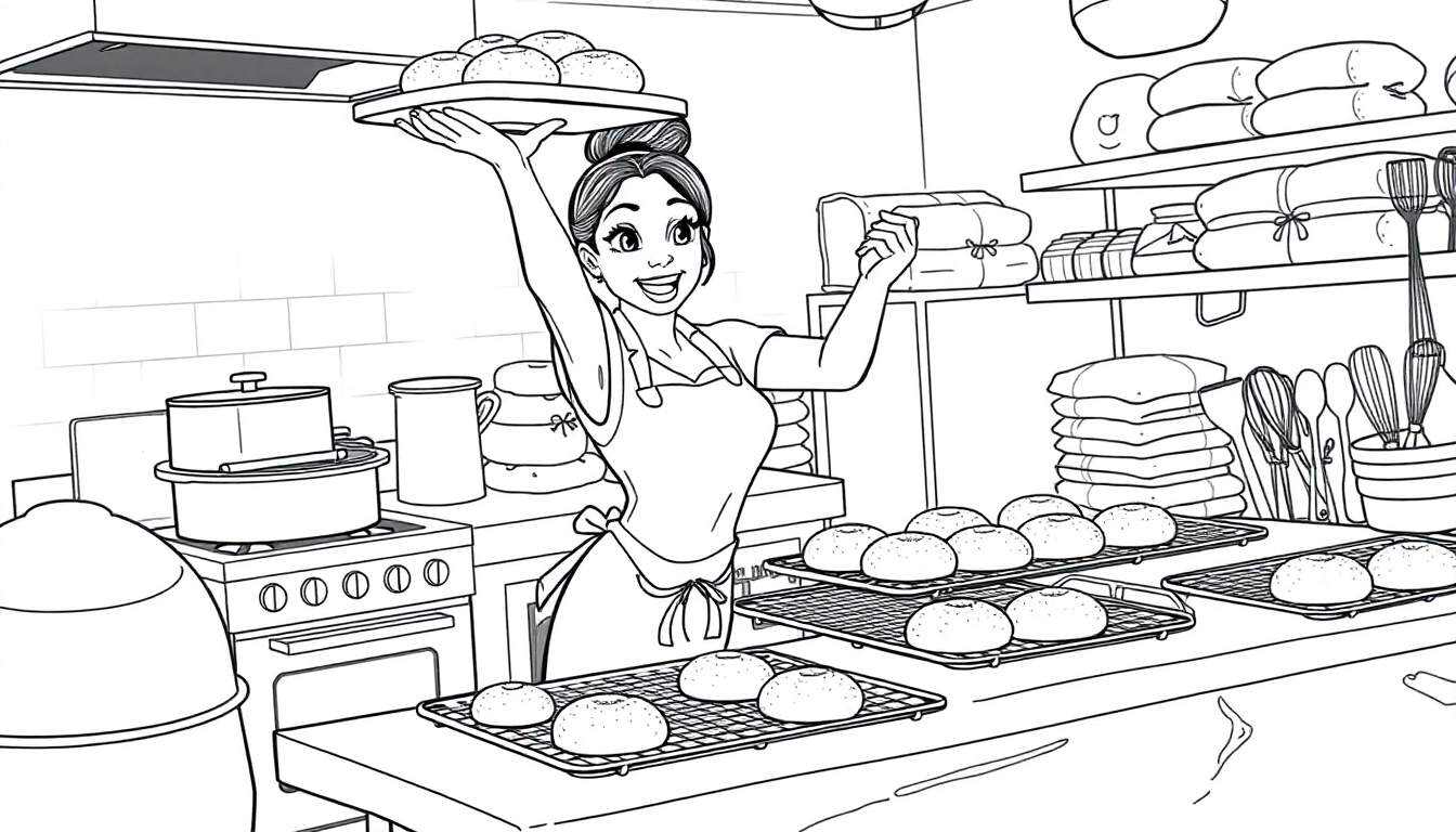 Tiana sonriendo con una bandeja de bollos sobre su cabeza, lista para ser coloreada. Un plato de color para la diversión.