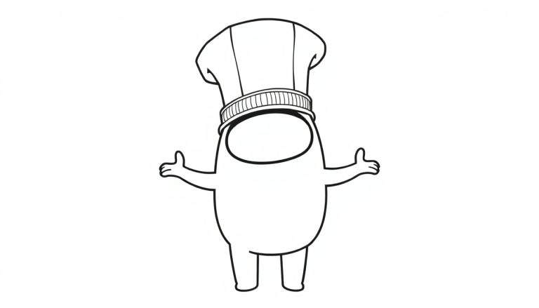 Personaje de Among Us con sombrero de chef para colorear, una placa de color lista.