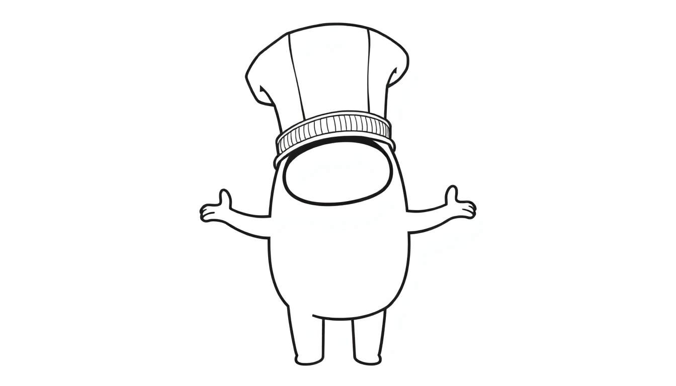 Personaje de Among Us con sombrero de chef para colorear, una placa de color lista.