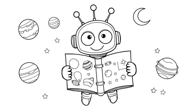 Robot amigable aprendiendo sobre el espacio con una placa de color.