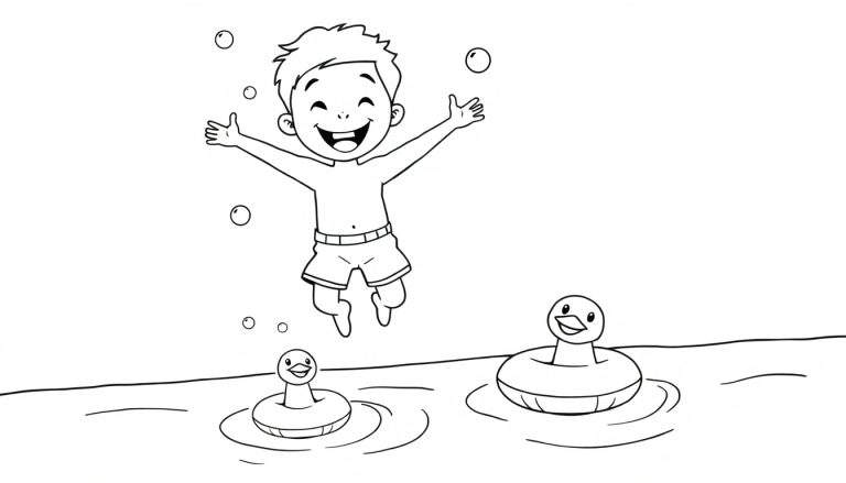 Placa de color de un niño feliz saltando en una piscina con patitos de goma.