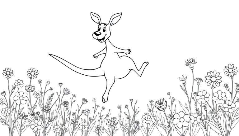 Placa de color de un canguro sonriente saltando entre flores de dibujos animados.