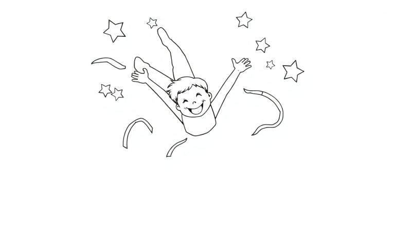 Placa de color de un niño feliz saltando con estrellas y cintas.