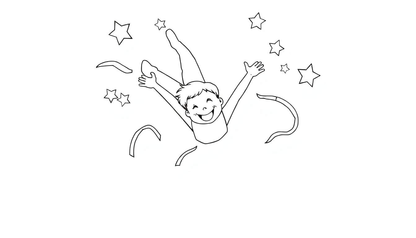 Placa de color de un niño feliz saltando con estrellas y cintas.