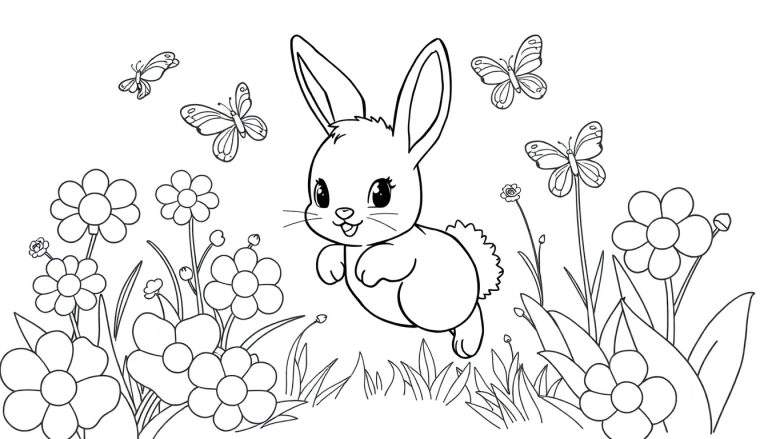 Un conejito adorable salta en un jardín de ensueño, rodeado de vibrantes flores y mariposas danzantes. Este dibujo a blanco y negro invita a darle vida con la placa de color.