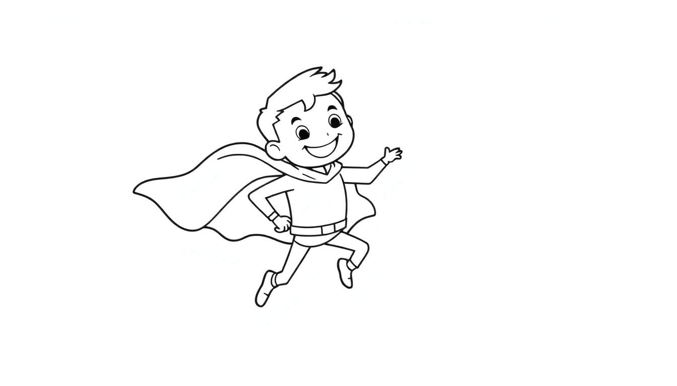 Placa de color de un niño superhéroe volando con capa