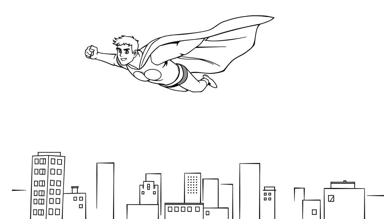 Un superhéroe volando sobre una ciudad en una placa de color.