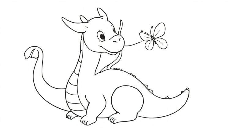 Un dibujo lineal de un dragón bebé amigable mirando una mariposa en su nariz, listo para ser coloreado.
