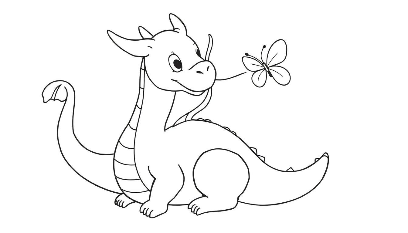 Un dibujo lineal de un dragón bebé amigable mirando una mariposa en su nariz, listo para ser coloreado.