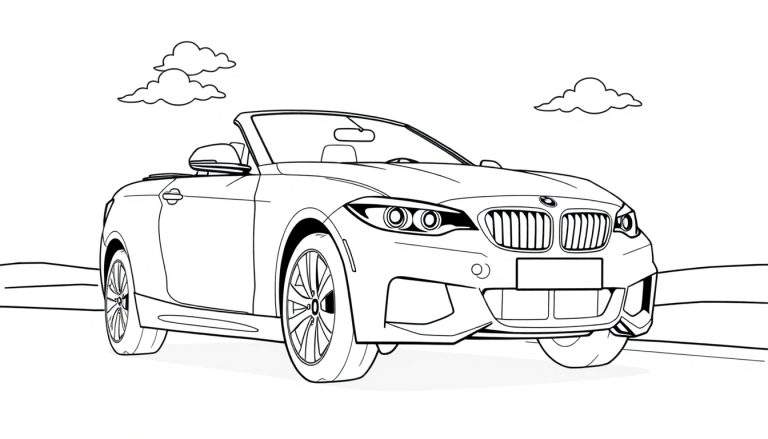 Un coche deportivo descapotable BMW listo para colorear, mostrando su contorno con una placa de color en blanco y negro.
