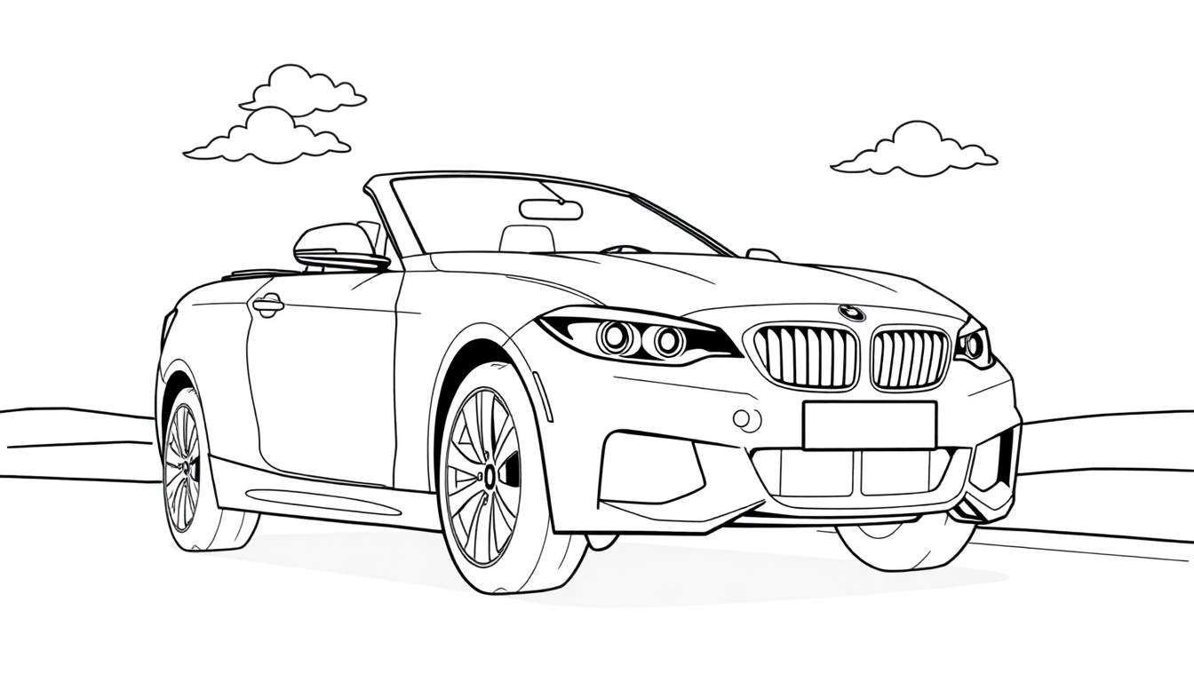 Un coche deportivo descapotable BMW listo para colorear, mostrando su contorno con una placa de color en blanco y negro.