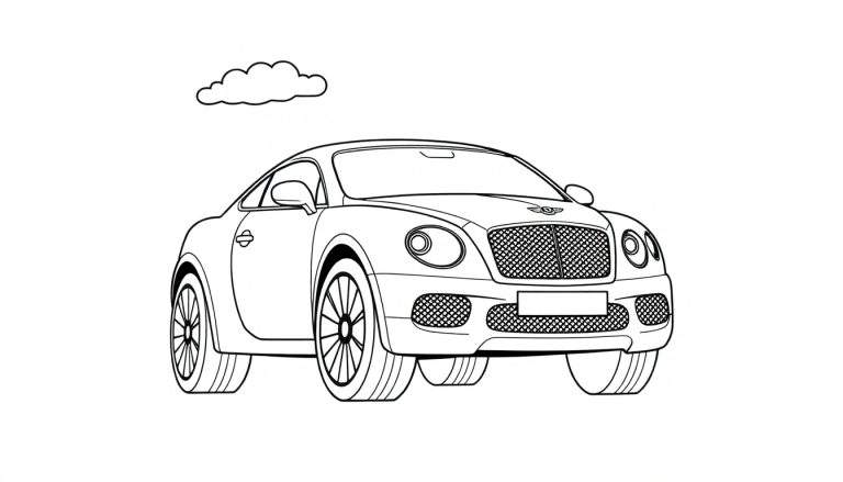 Un dibujo a lápiz de un coche de lujo para colorear, con una placa de color lista para ser adornada.
