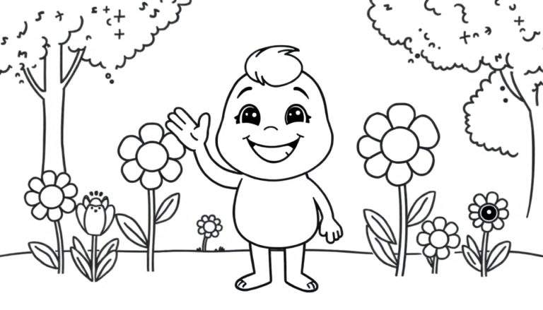 Placa de color de un niño de Toca Boca sonriendo y saludando en un jardín.