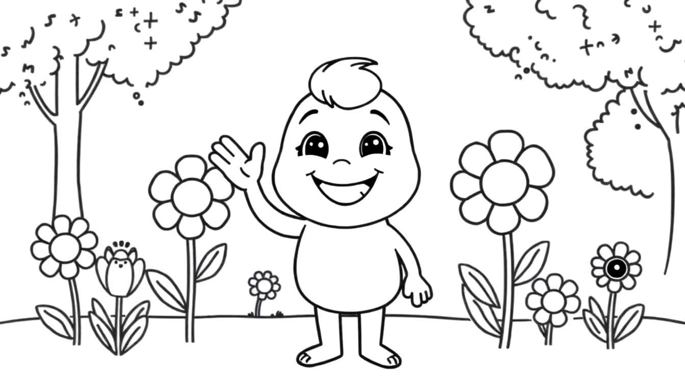 Placa de color de un niño de Toca Boca sonriendo y saludando en un jardín.