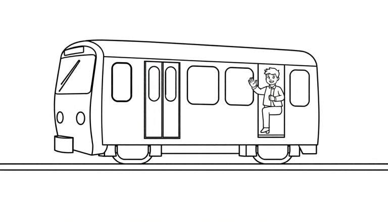 Placa de color de un tren de metro amigable con ventanas y un conductor saludando.