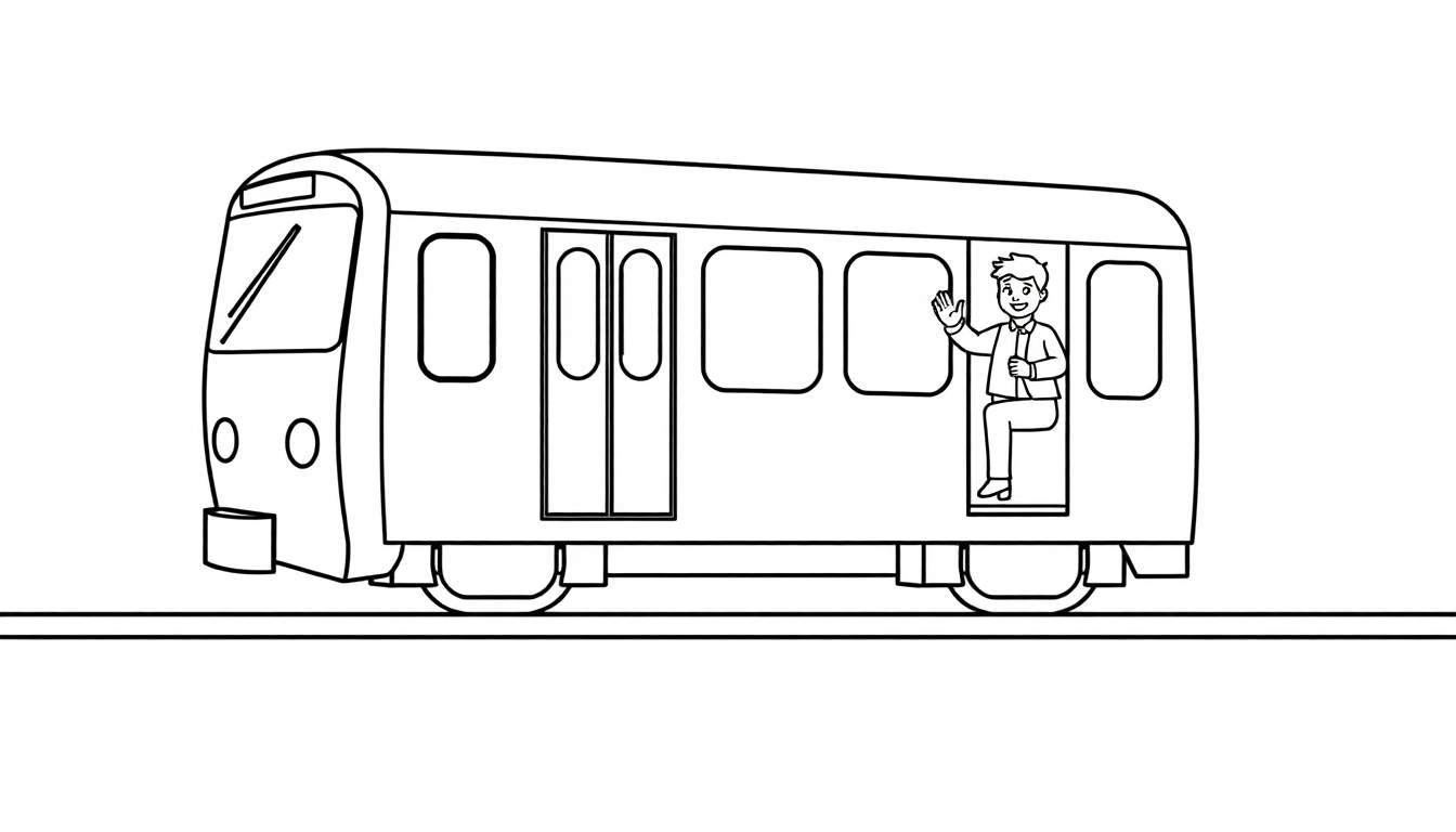 Placa de color de un tren de metro amigable con ventanas y un conductor saludando.