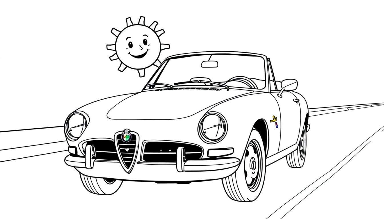 Un coche Alfa Romeo descapotable clásico en blanco y negro para colorear, con un sol sonriente en la esquina superior izquierda, listo para añadir su toque de color y placa de color.