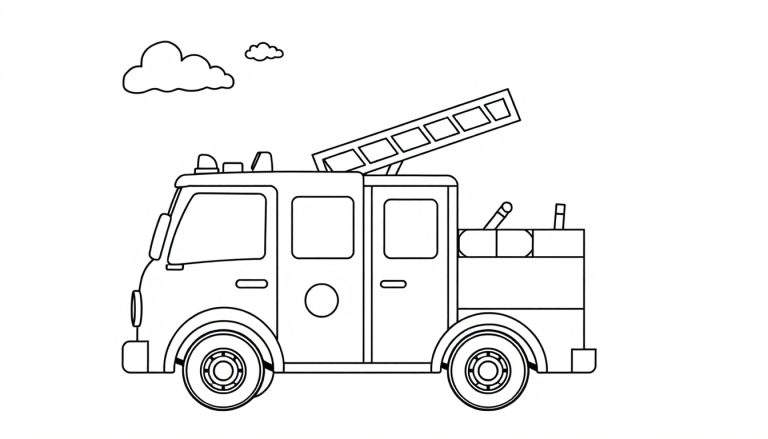 Camión de bomberos para colorear, listo para la acción, con detalles en la placa de color.