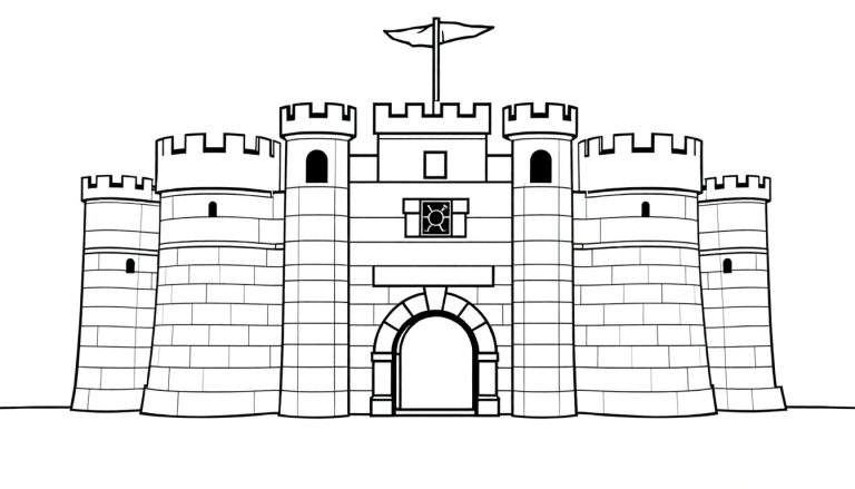 Un dibujo lineal de un castillo con una gran puerta de arco, torres cilíndricas y una bandera, perfecto para colorear en una placa de color.