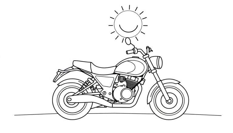Una motocicleta lista para colorear con un sol sonriente, ofreciendo una placa de color para la diversión.