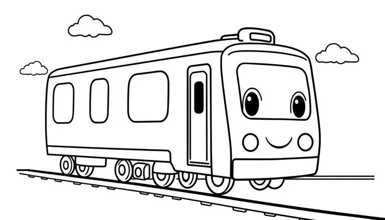 Placa de color de un tren de dibujos animados amigable con grandes ojos y sonrisa, con tres ventanas, una puerta y un compartimento en el techo, viajando sobre vías de tren con dos nubes pequeñas a cada lado.