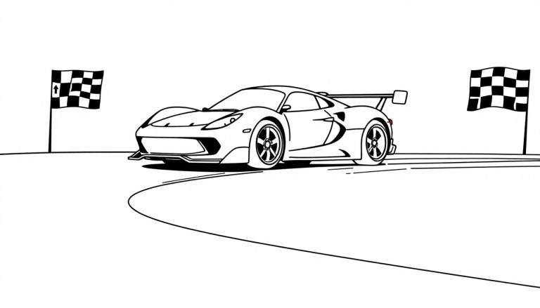 Un auto deportivo en blanco y negro listo para colorear, con banderas a cuadros y una pista de carreras.