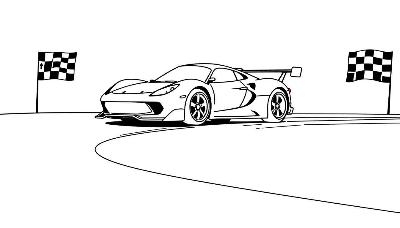 Un auto deportivo en blanco y negro listo para colorear, con banderas a cuadros y una pista de carreras.