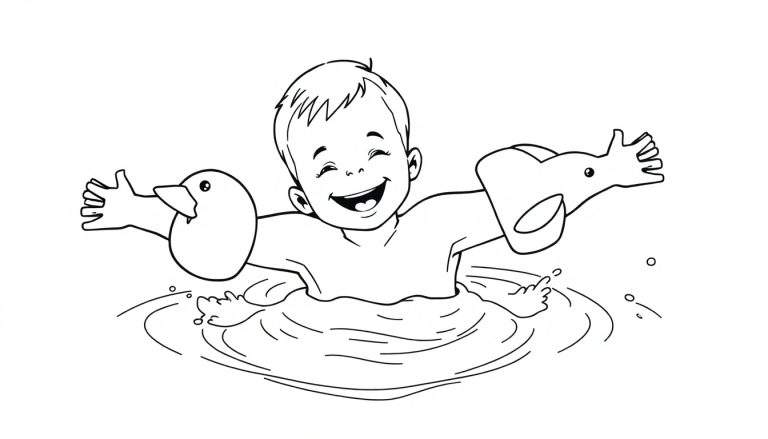 Un niño sonriendo con flotadores de pato y elefante nadando en agua con líneas onduladas, estilo boceto en blanco y negro.