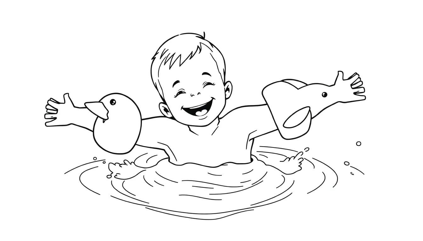 Un niño sonriendo con flotadores de pato y elefante nadando en agua con líneas onduladas, estilo boceto en blanco y negro.