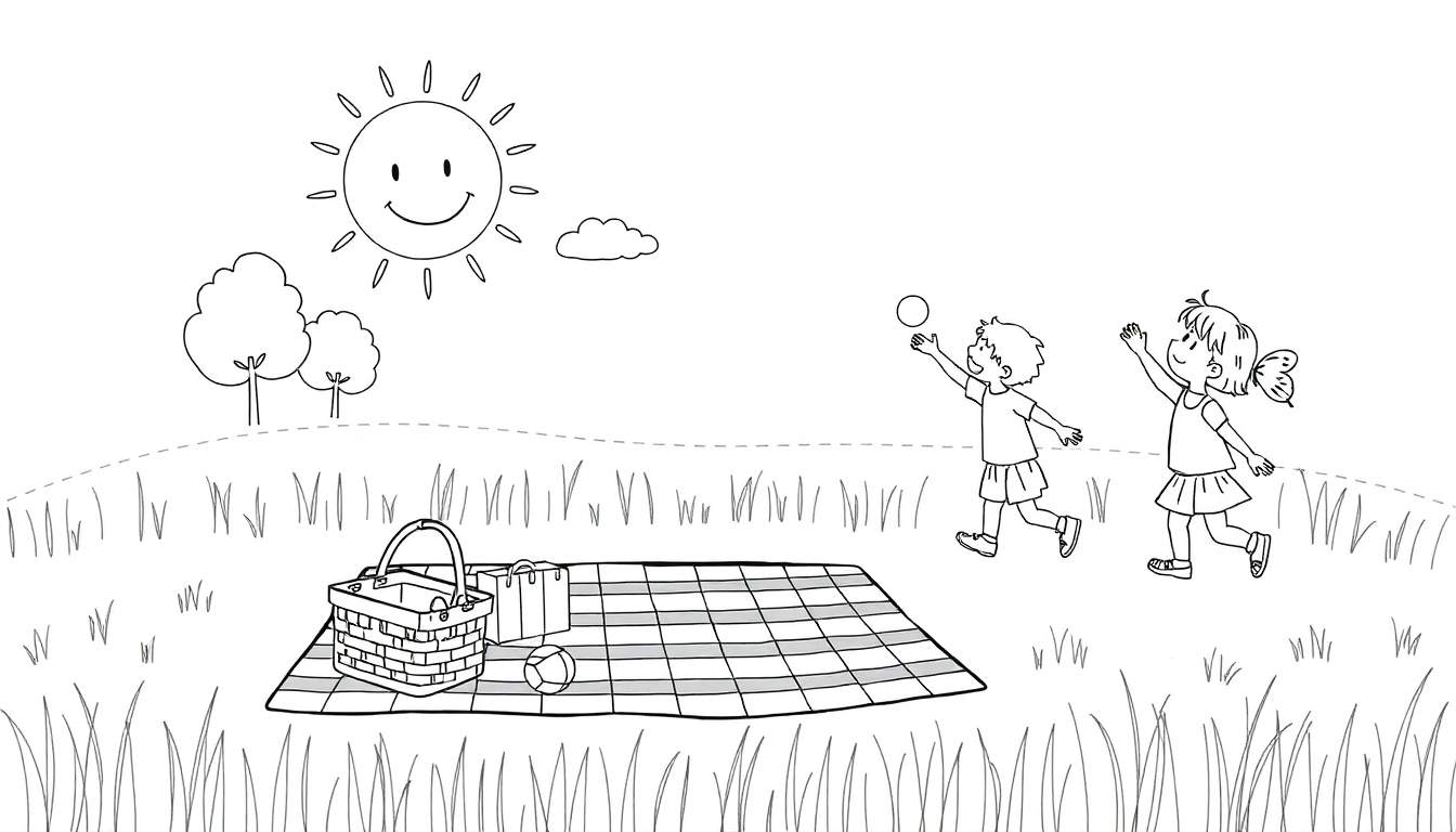 Placa de color de un picnic soleado con niños jugando a la pelota.
