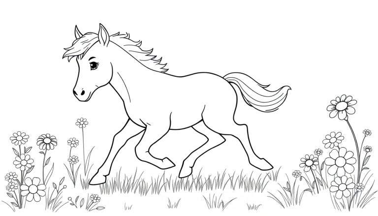 Placa de color de un caballo joven y alegre galopando entre flores de margarita.
