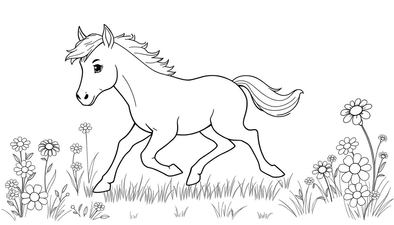 Placa de color de un caballo joven y alegre galopando entre flores de margarita.