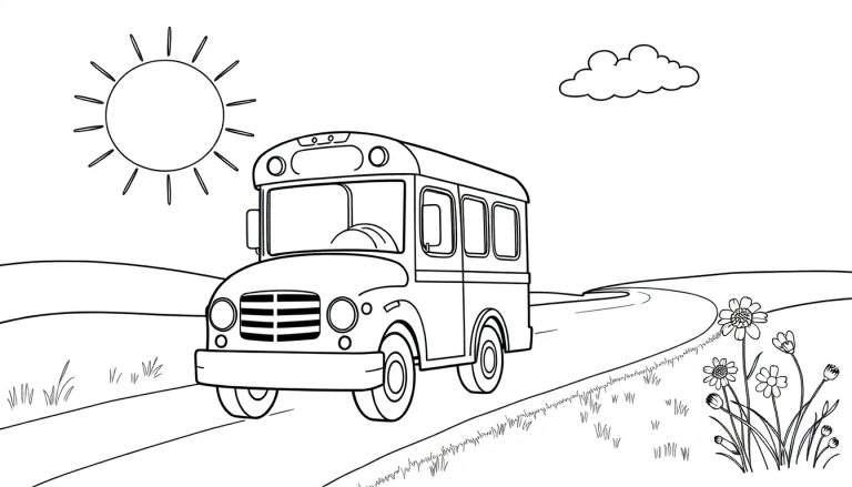 Un autobús escolar amarillo para colorear con una placa de color en el lateral, viajando por un camino rural soleado con flores y pasto.