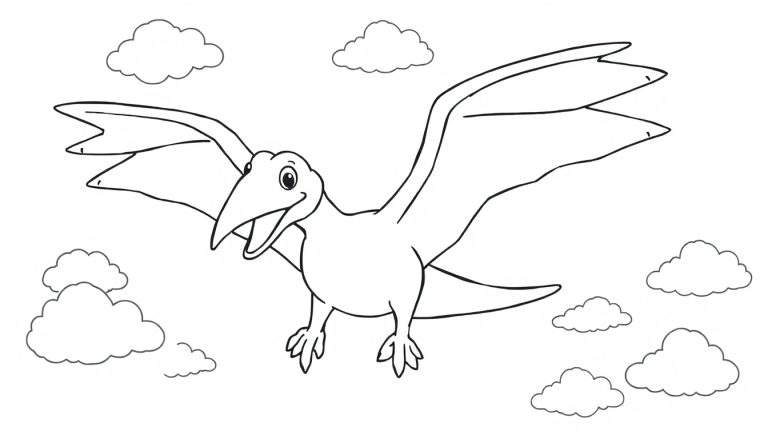 Pterodáctilo volando entre nubes, un dibujo para colorear con placa de color.