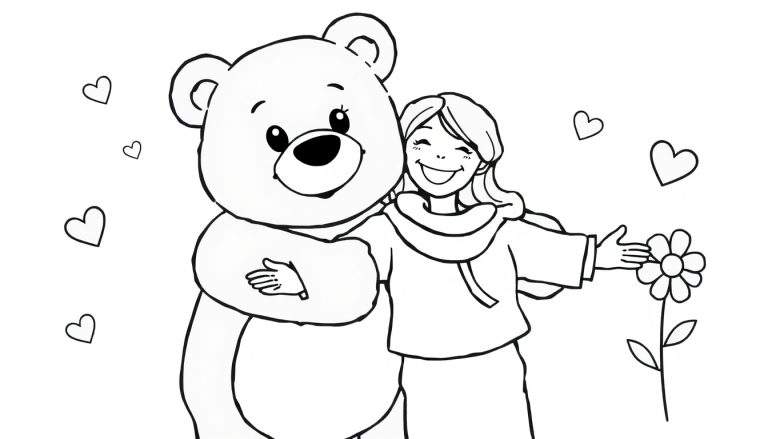Una niña sonriente con un gran oso de peluche ofreciendo una flor, rodeados de corazones flotantes. Una placa para colorear.